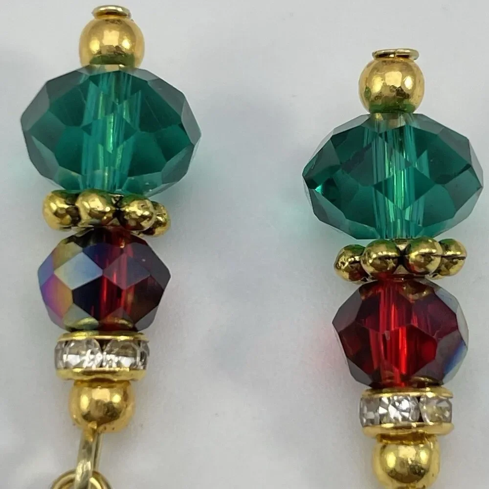 18K Gold Plated Teal Green Red AB Glass Beaded Dangle Earrings Dainty Unique